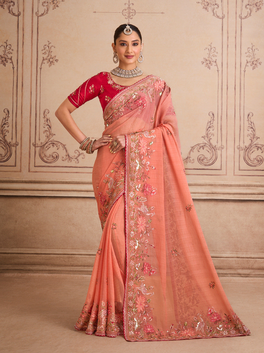 Peach floral embroidered chiffon saree party wear