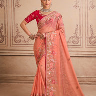 Peach floral embroidered chiffon saree party wear