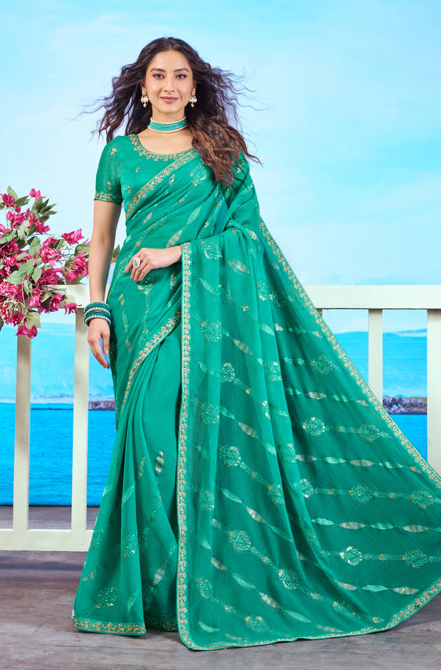 Green zari woven chiffon saree work wear 