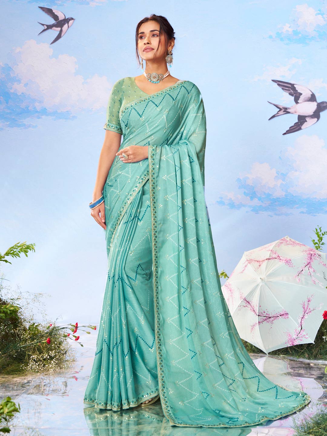 Blue bandhani printed silk blend saree daily wear 