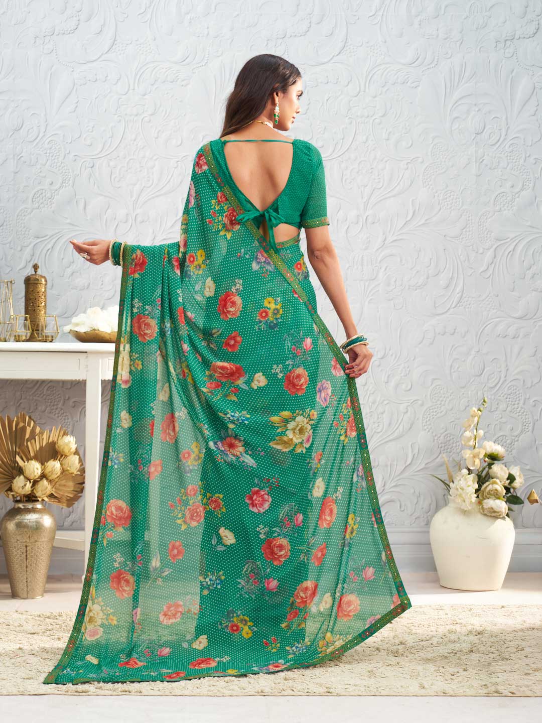 Green floral printed georgette saree party wear