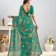 Green floral printed georgette saree party wear