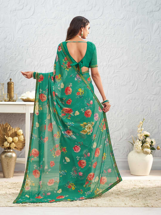 Green floral printed georgette saree party wear