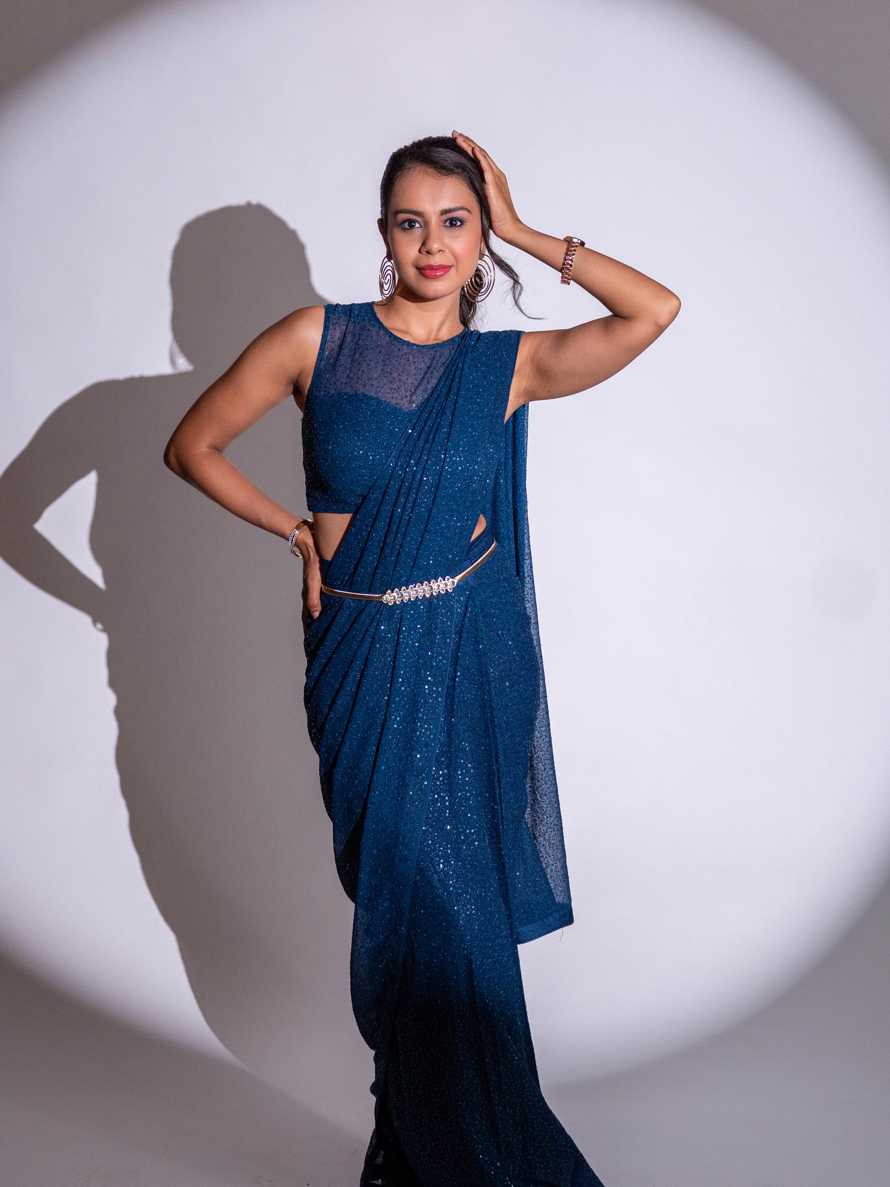 Blue sequin embroidered georgette saree party wear