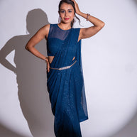 Blue sequin embroidered georgette saree party wear
