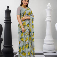 Grey floral printed georgette saree stylish wear