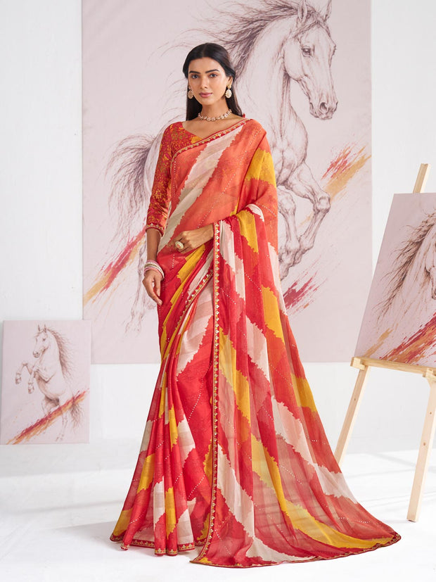 Laxmipati Murli Orange Chiffon Abstract Saree
