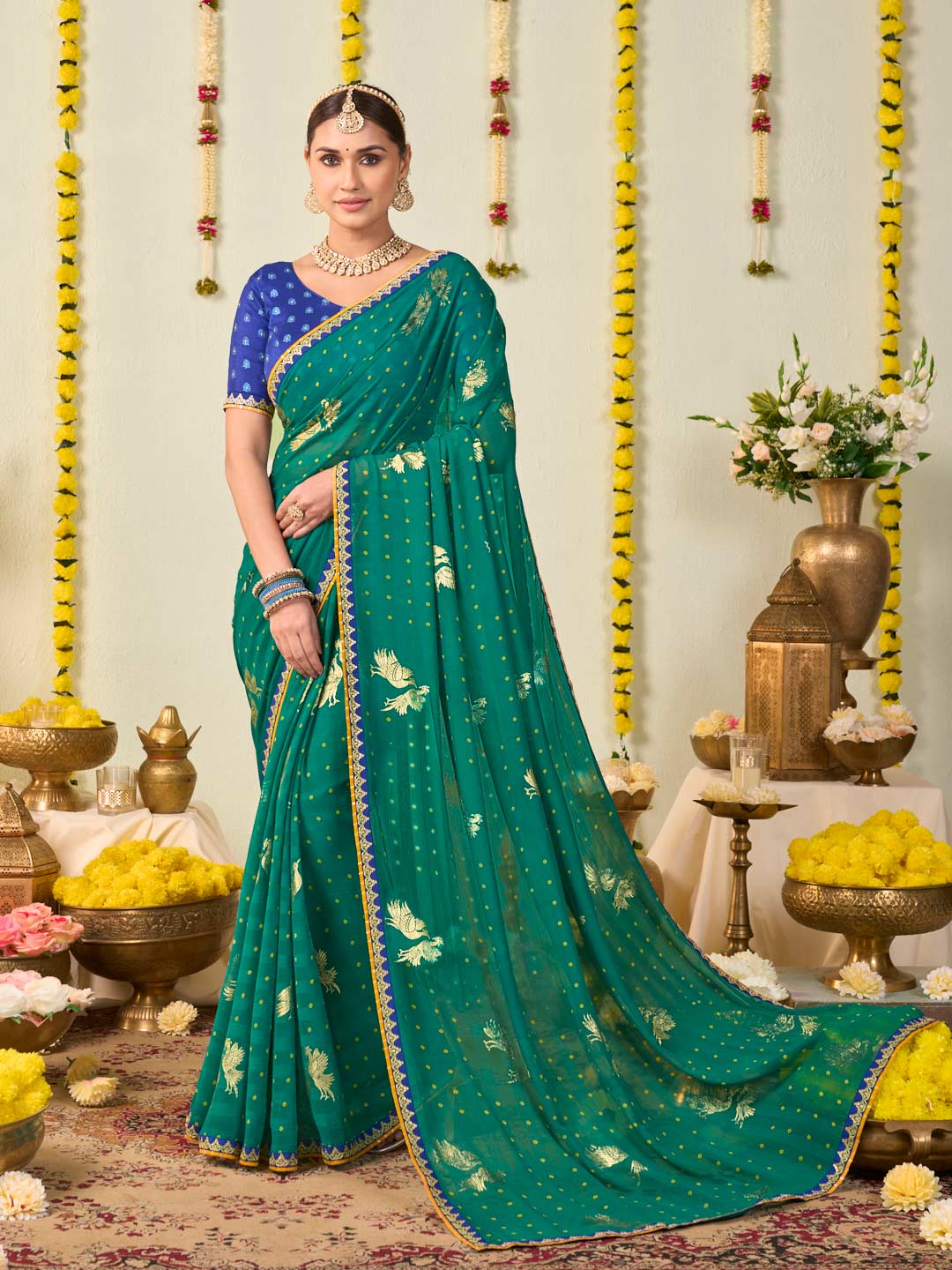 Green bandhani printed georgette saree daily wear