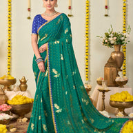 Green bandhani printed georgette saree daily wear