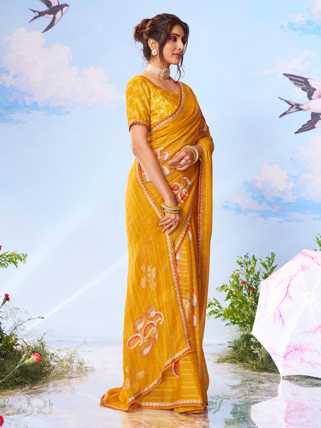 Yellow printed silk saree daily wear 