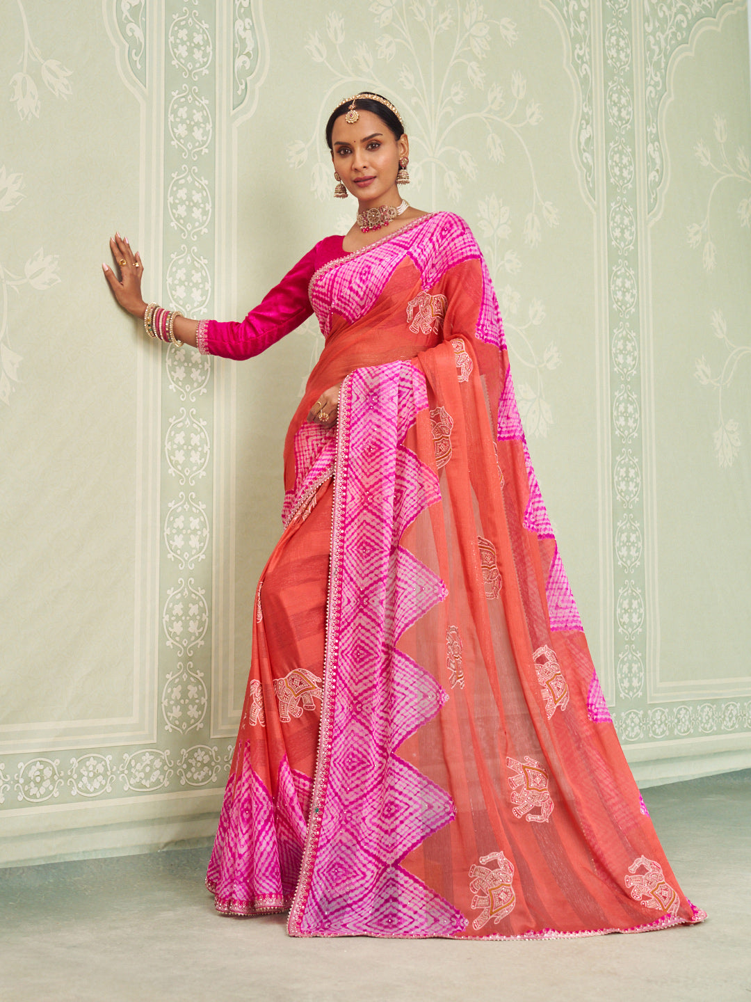 Pink embroidered chiffon saree party wear