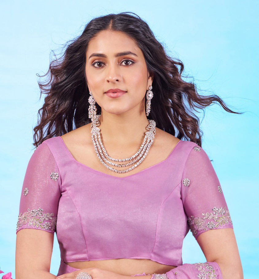 Purple floral embroidered chiffon saree casual wear