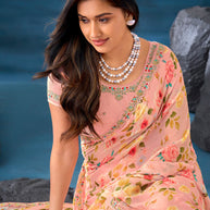 Peach floral printed georgette saree party wear