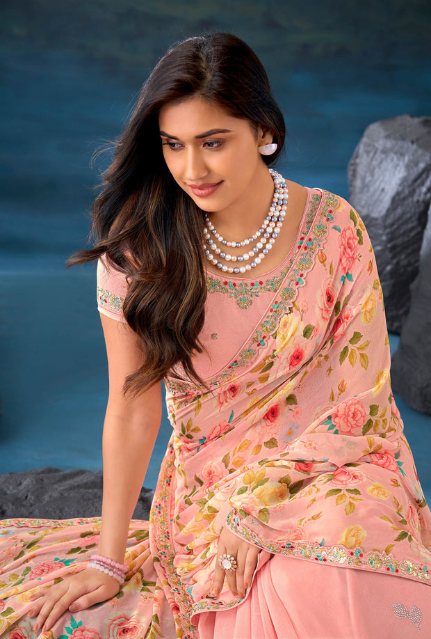 Peach floral printed georgette saree party wear
