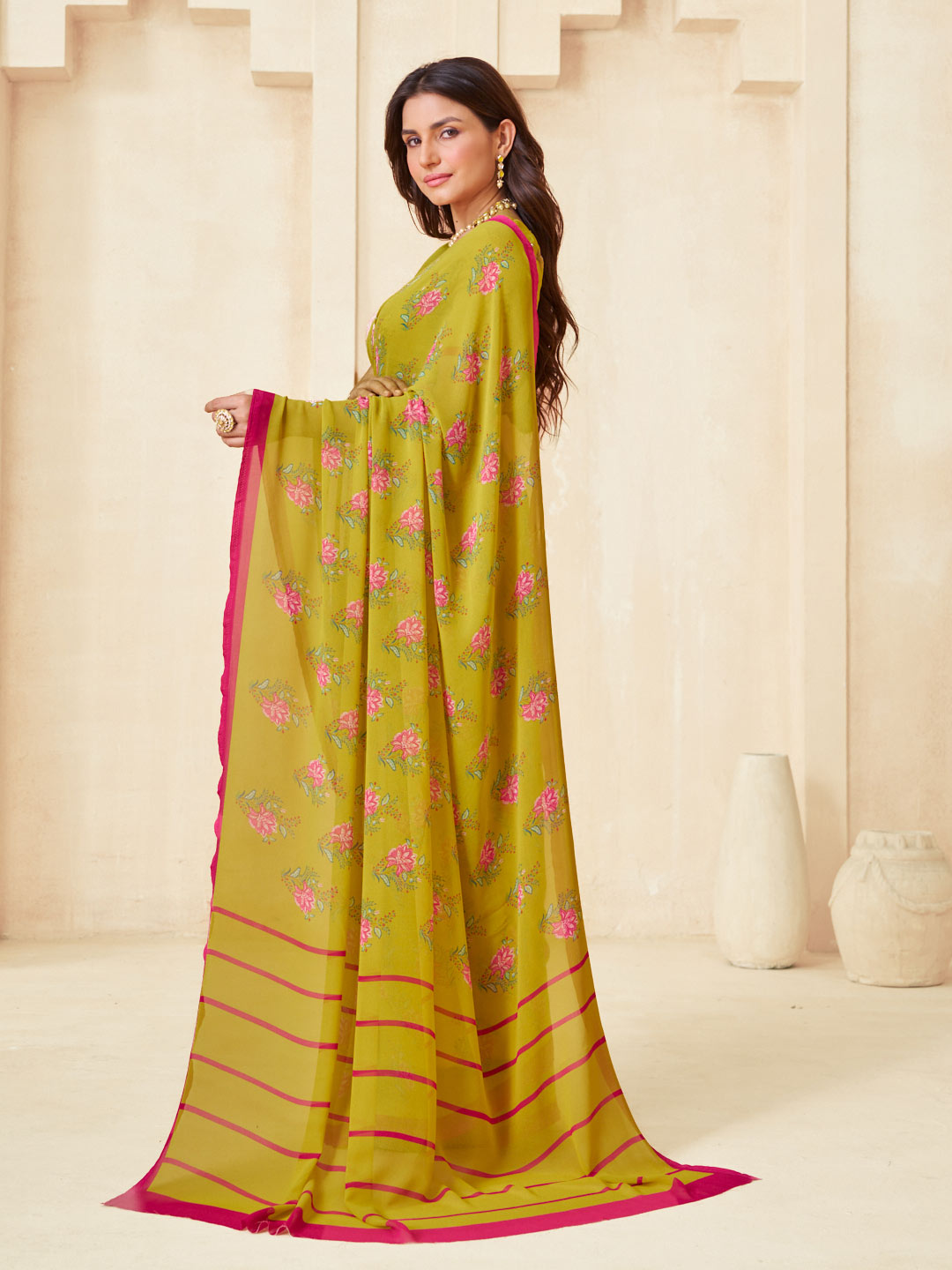 Mustard printed saree daily wear