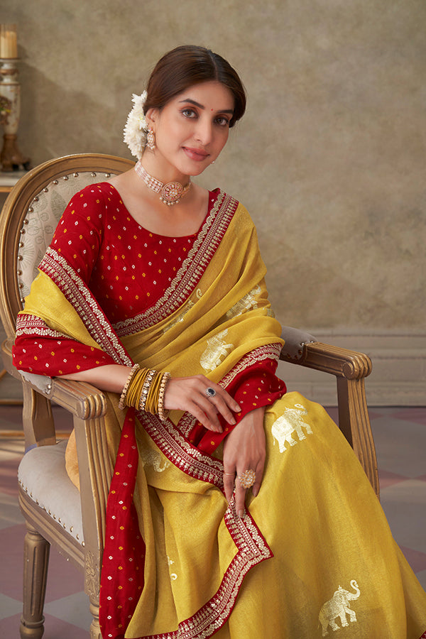 Mustard embroidered chiffon saree festive wear