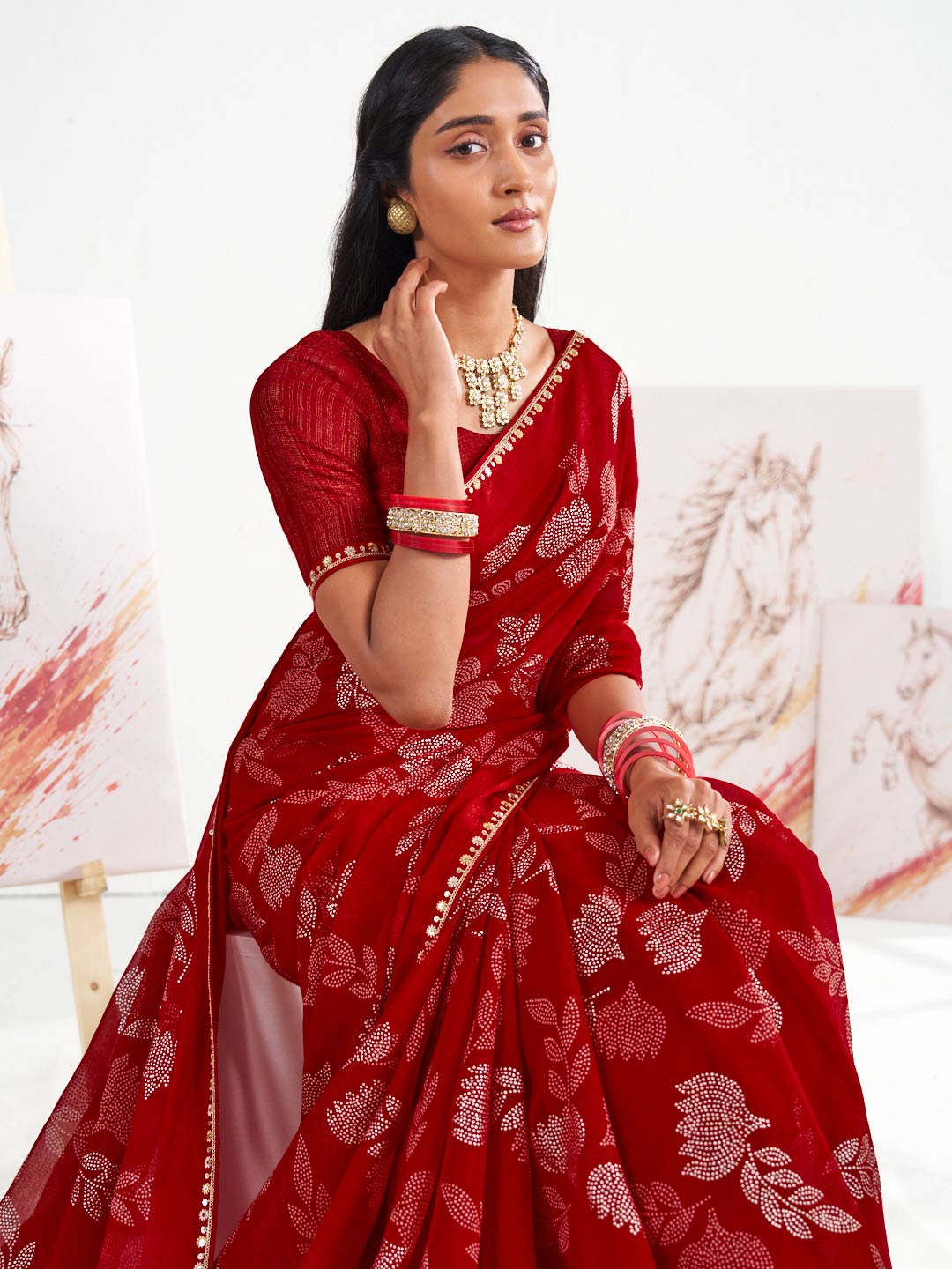 Laxmipati Murli Red Chiffon Floral Saree