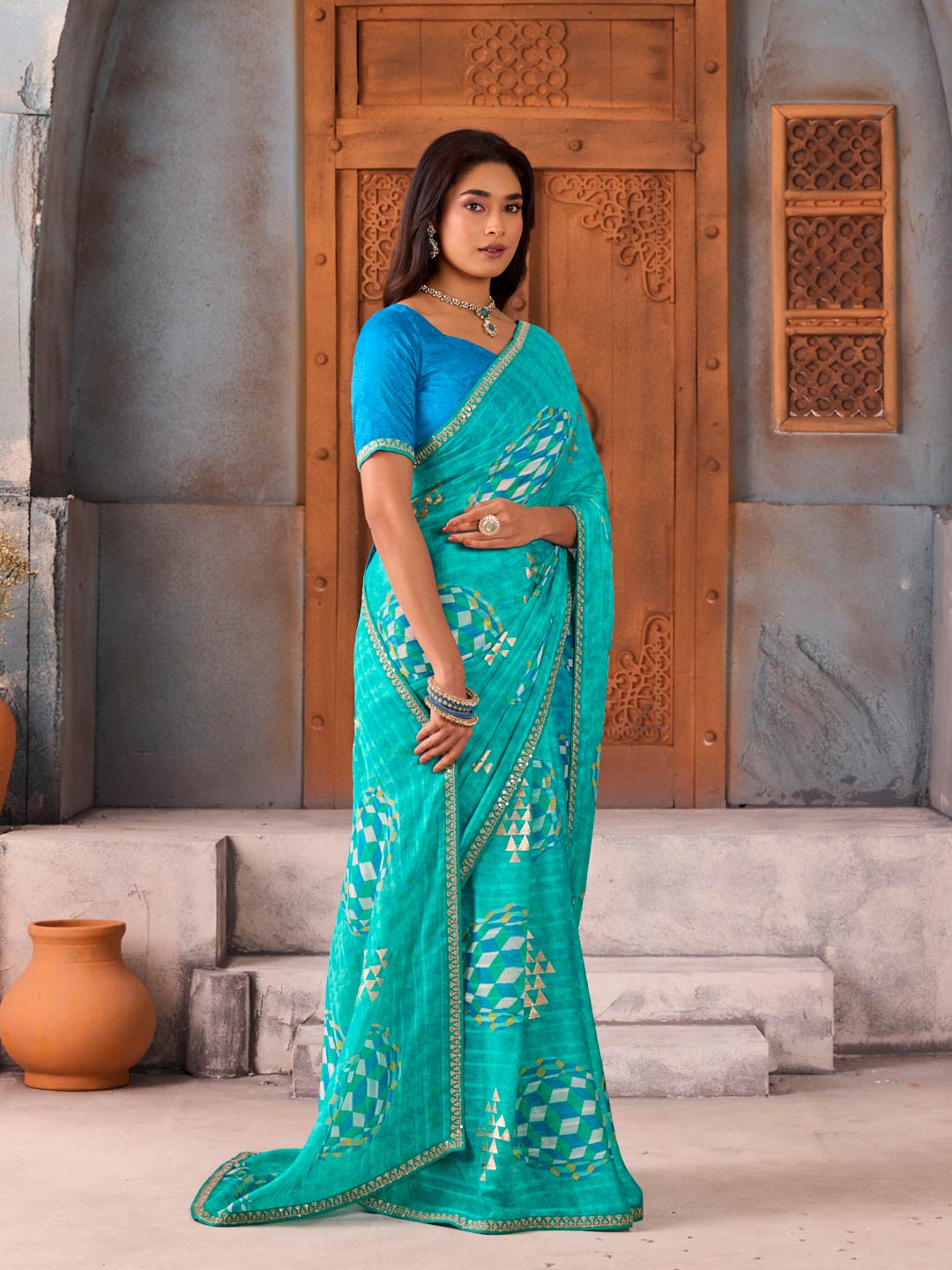 Blue square printed chiffon saree party wear