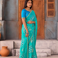 Blue square printed chiffon saree party wear