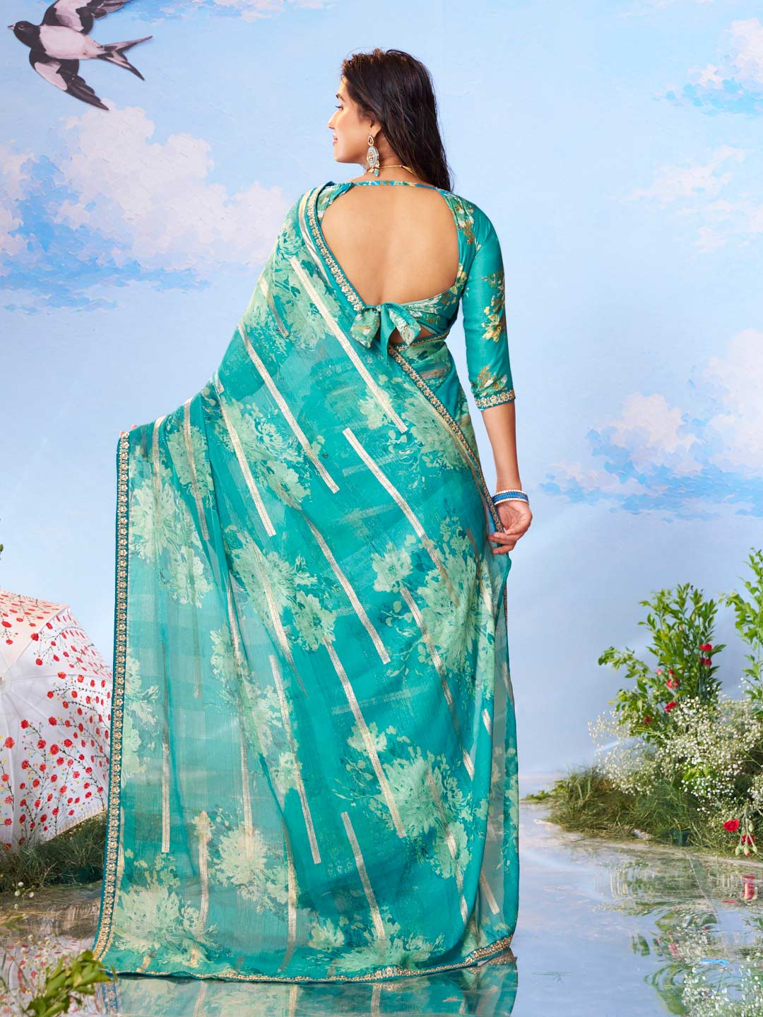 Blue floral printed chiffon saree party wear 
