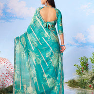 Blue floral printed chiffon saree party wear 