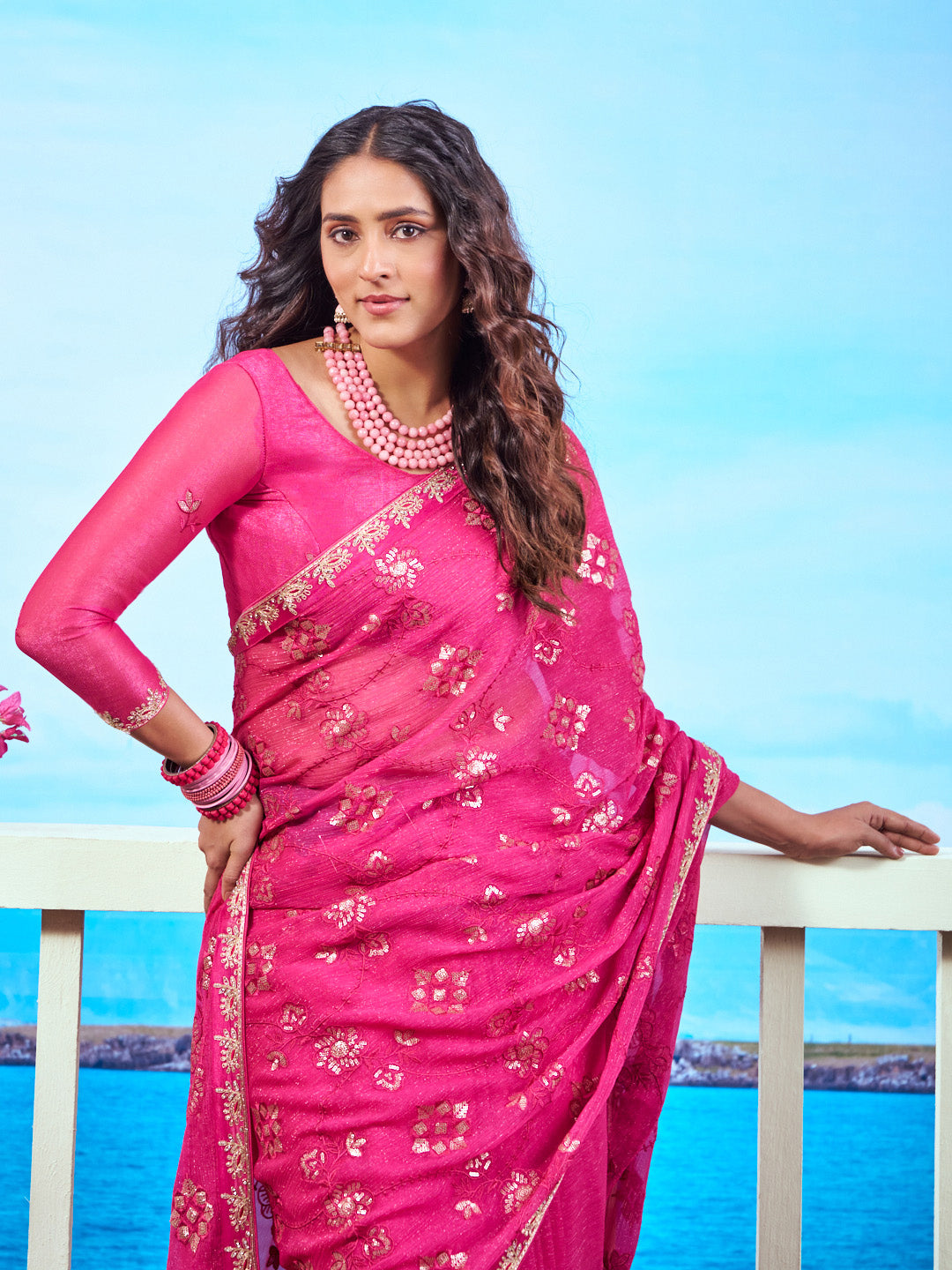 Laxmipati Navya Pink Chiffon Embroidered Saree