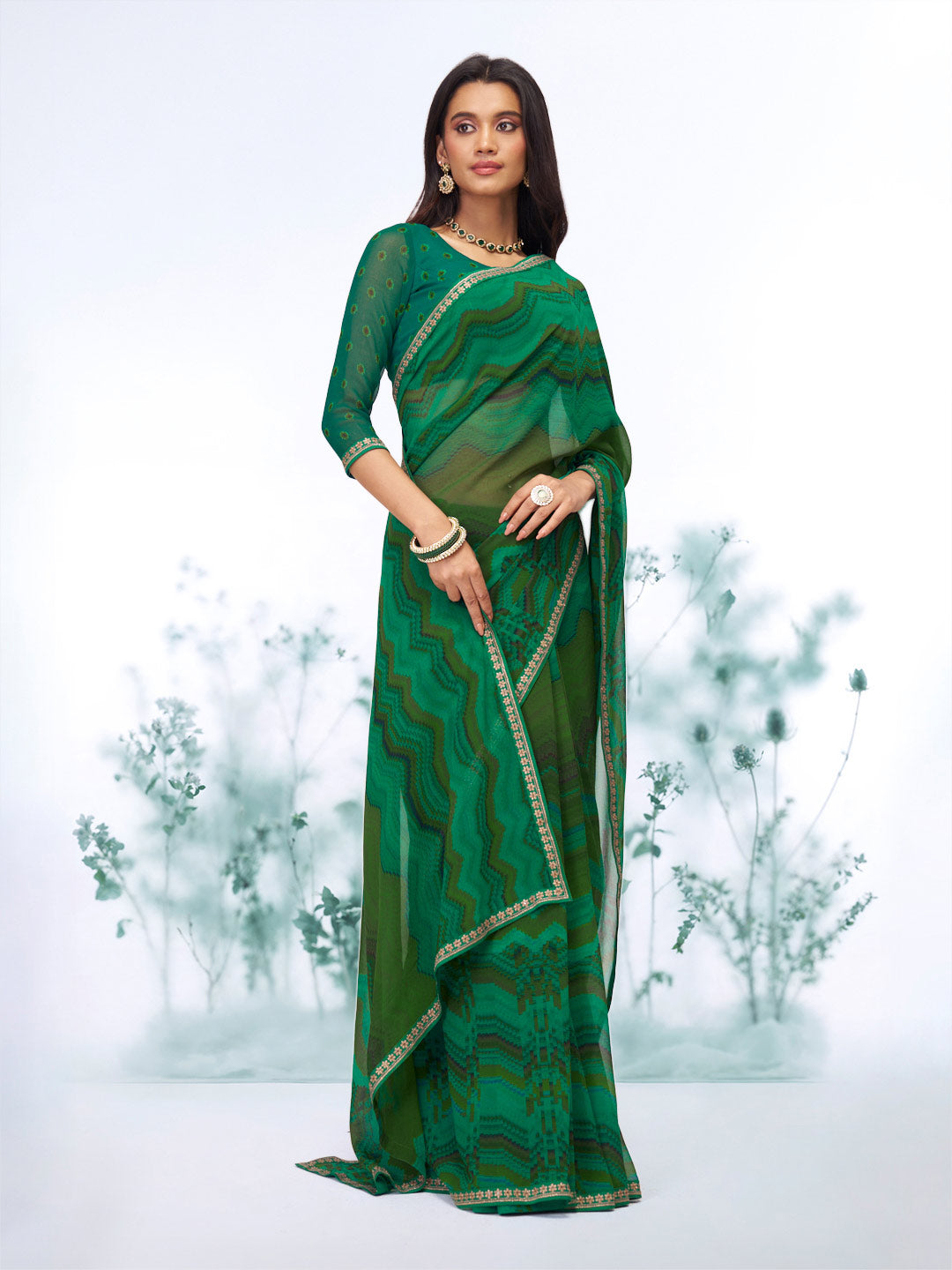 Green geometric printed georgette saree casual wear