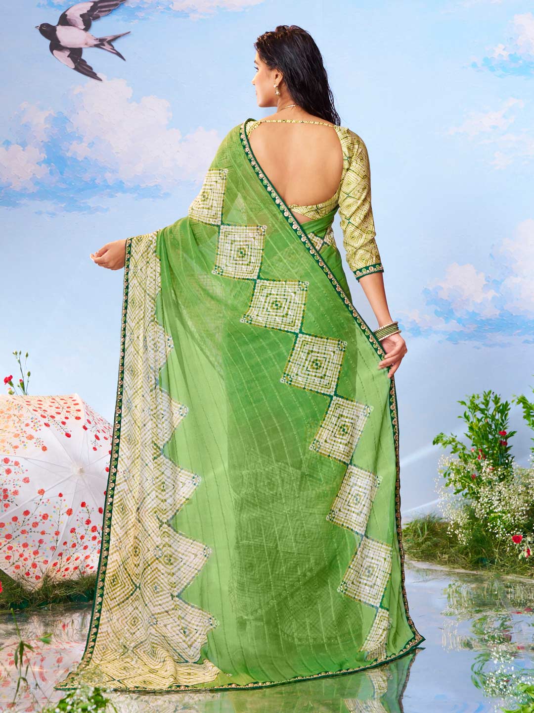 Green geometric printed silk saree ethnic wear
