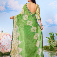 Green geometric printed silk saree ethnic wear