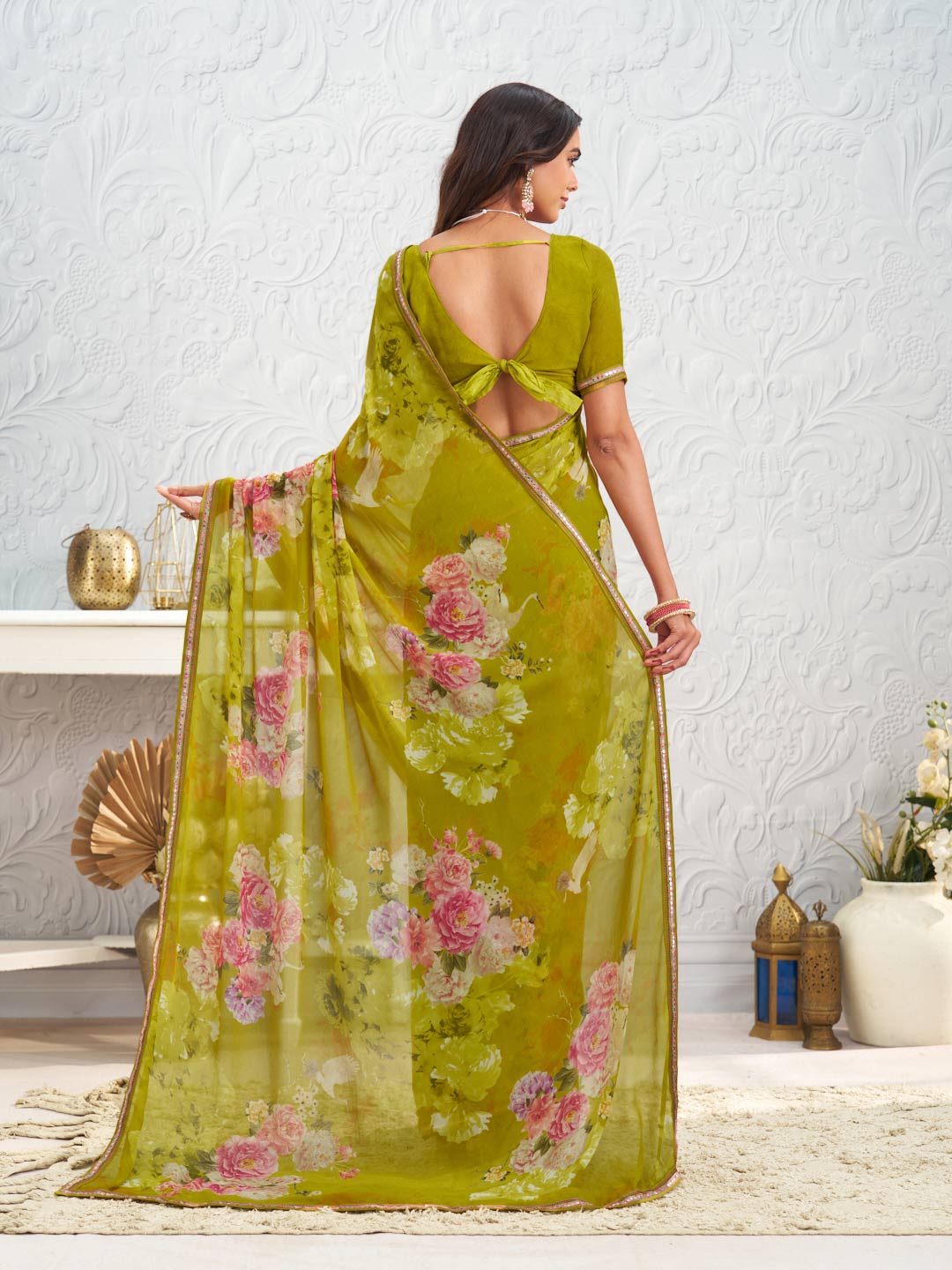 Olive Green floral printed georgette saree party wear