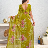 Olive Green floral printed georgette saree party wear