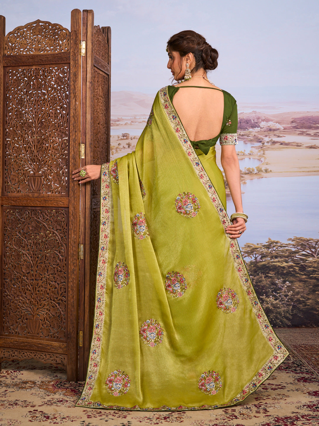 Green floral embroidered chiffon saree daily wear