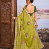Green floral embroidered chiffon saree daily wear