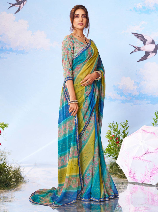  Blue embroidered chiffon saree festive wear