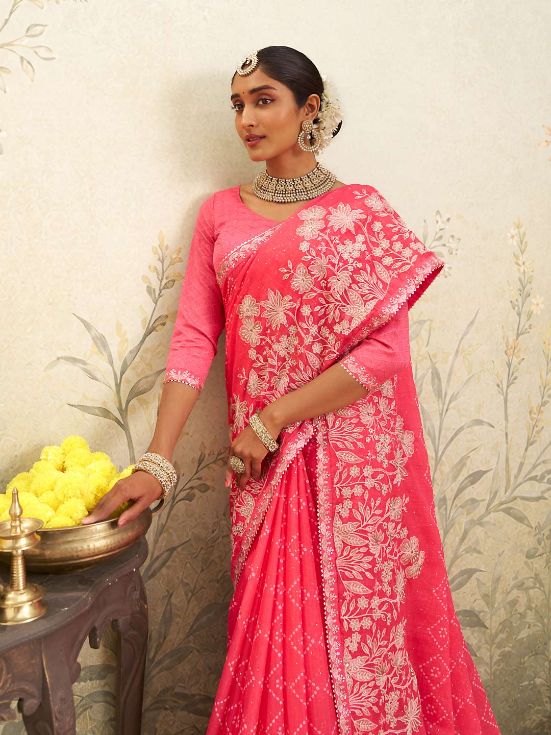 Pink floral embroidered chiffon saree wedding wear