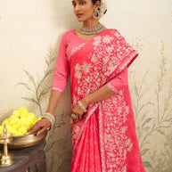 Pink floral embroidered chiffon saree wedding wear