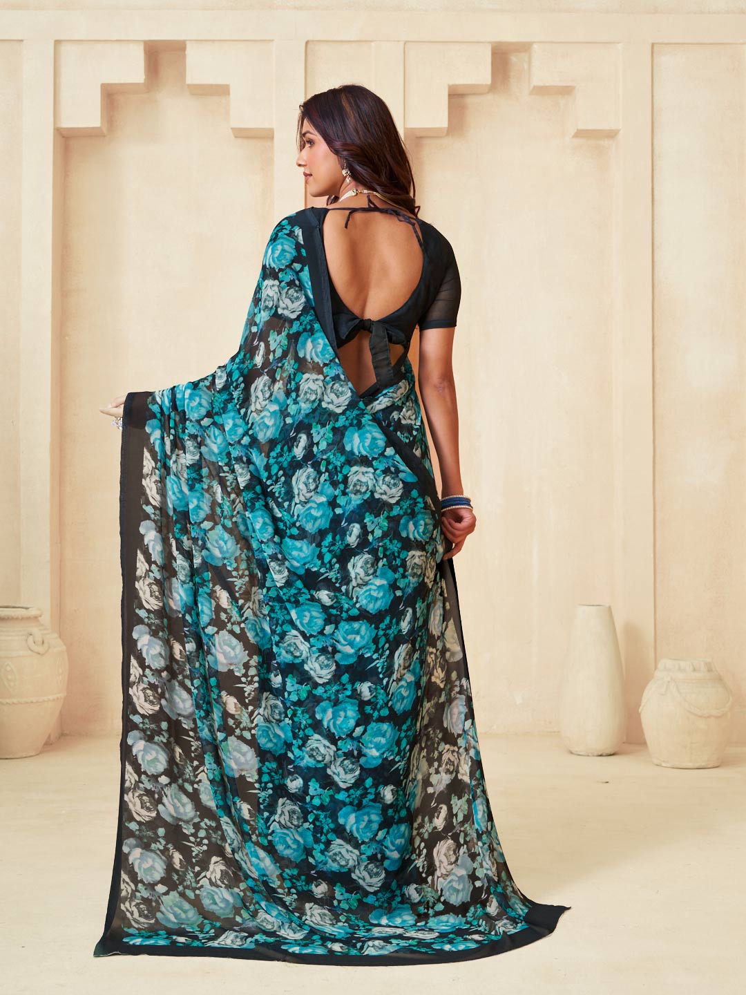 Navy trendy floral saree