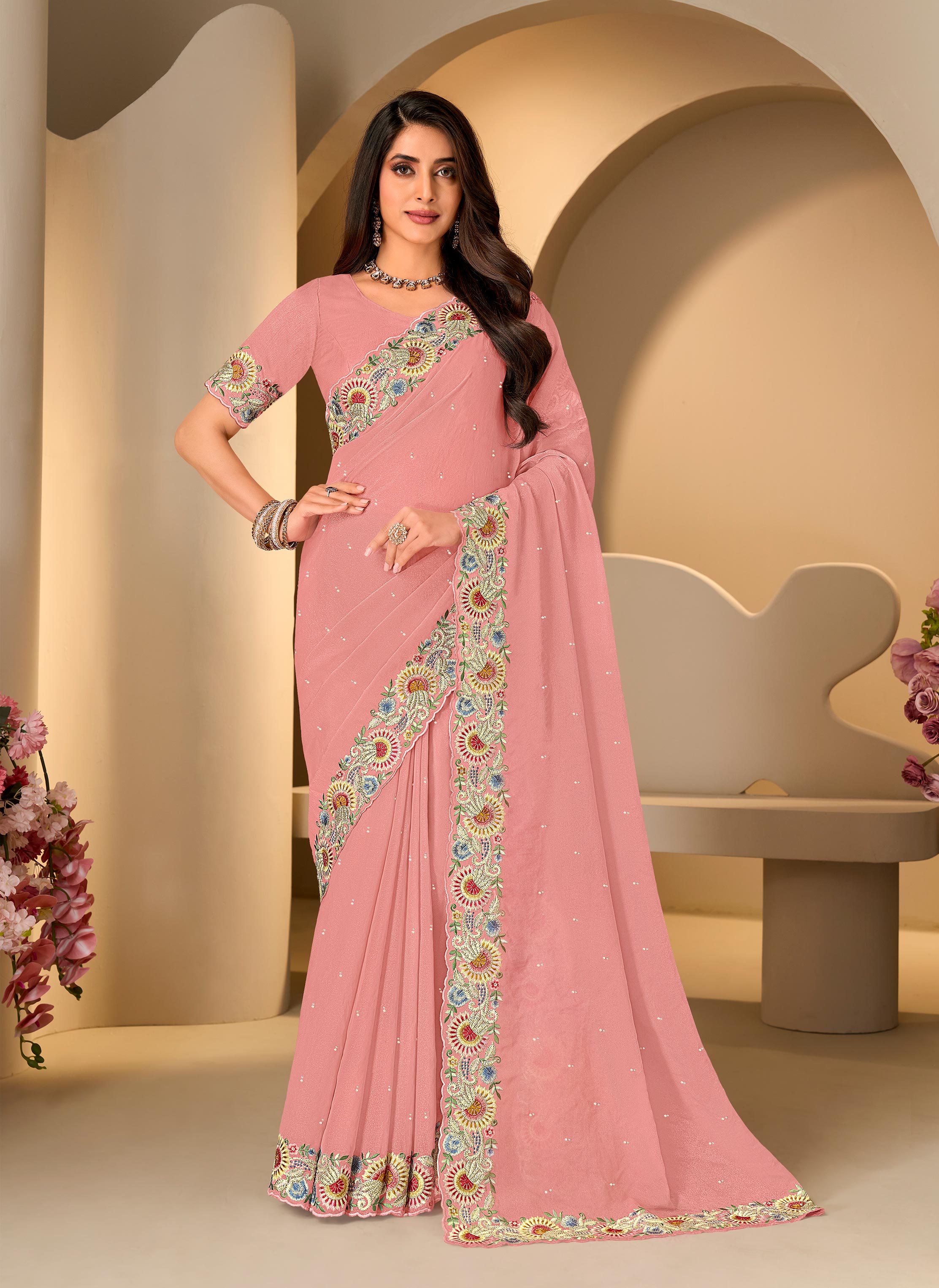 Pink floral embroidered Tiisue Organza saree party wear