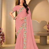Pink floral embroidered Tiisue Organza saree party wear