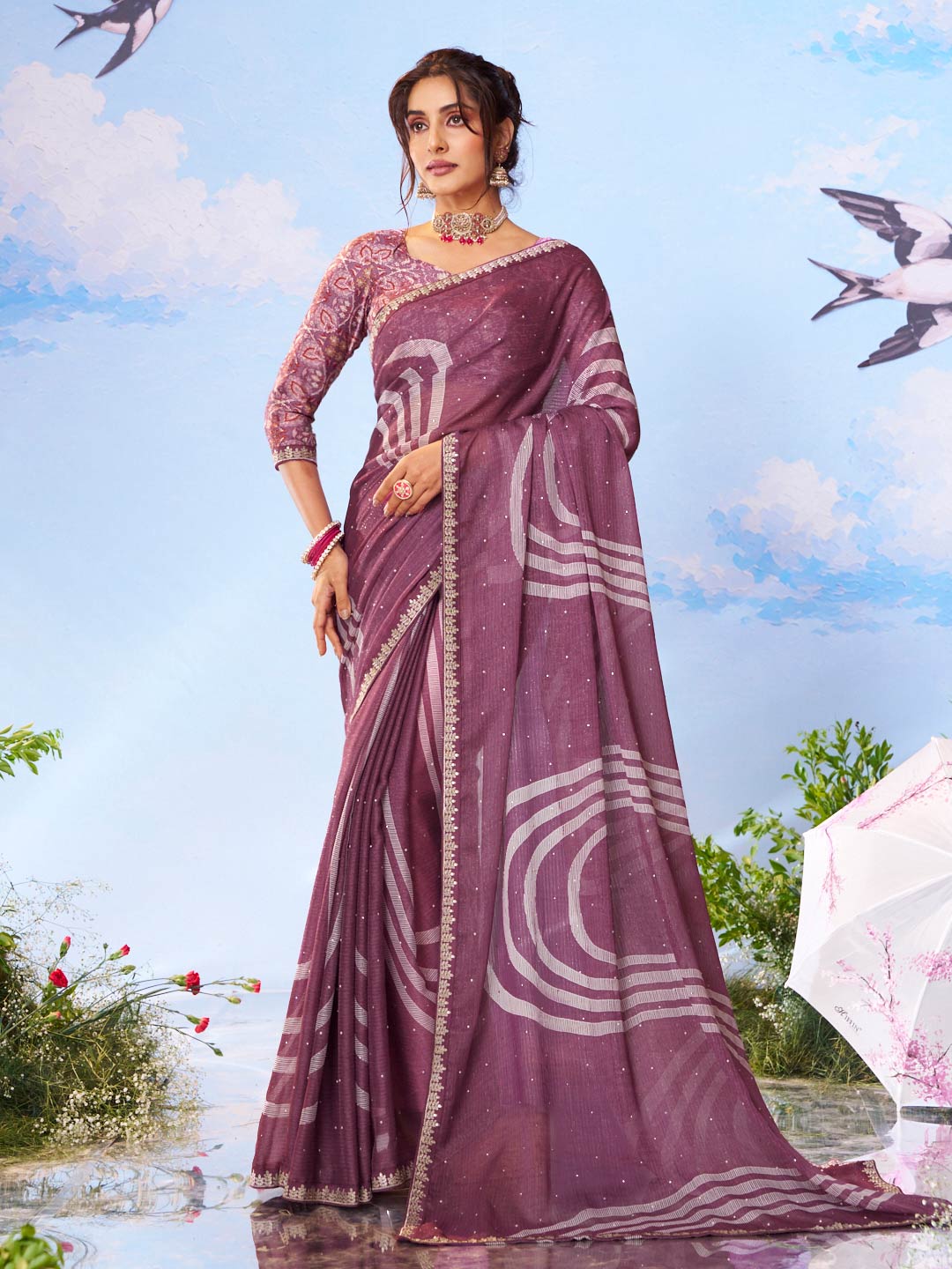 Purple floral printed silk saree party wear 