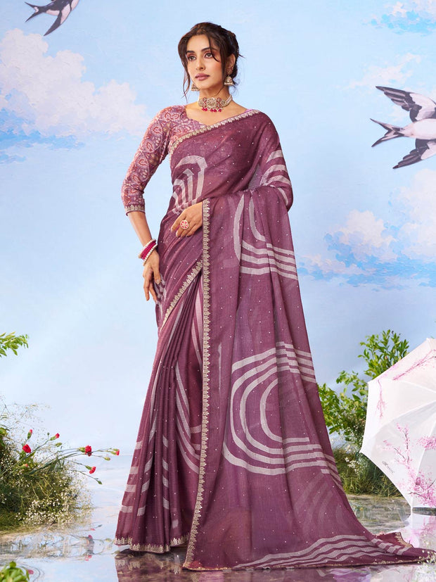 Purple floral printed silk saree party wear 