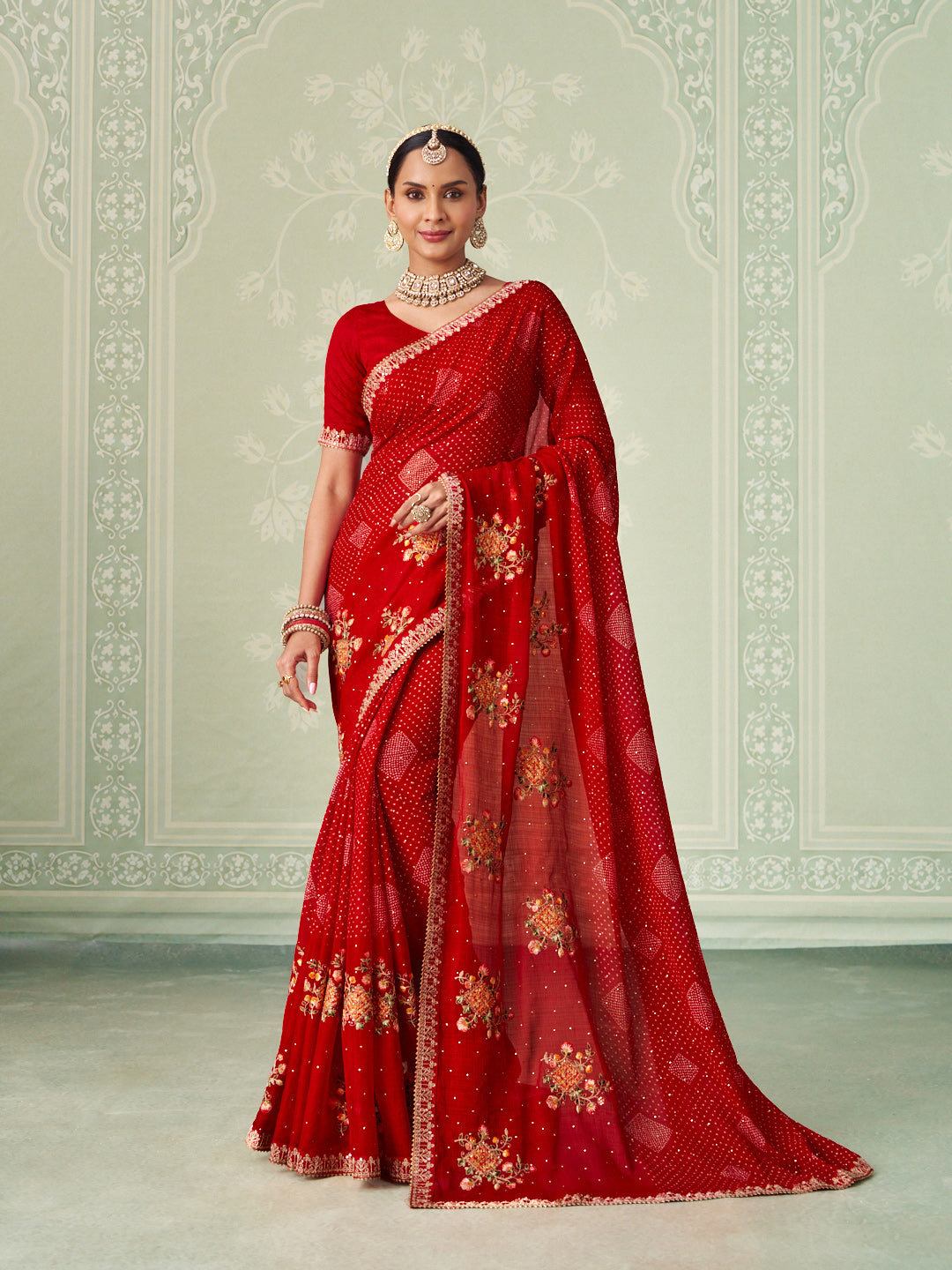 Red floral embroidered chiffon saree festive wear