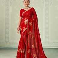 Red floral embroidered chiffon saree festive wear