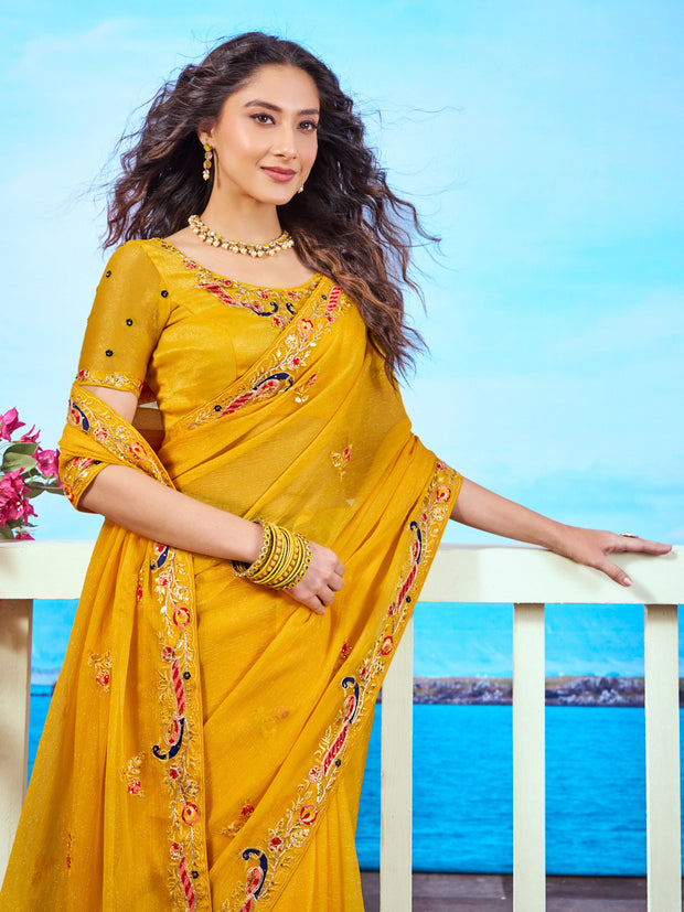 Yellow peacock embroidered chiffon saree party wear 