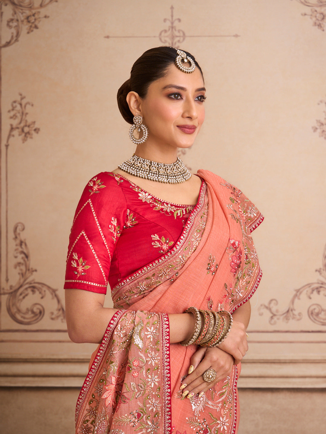 Peach floral embroidered chiffon saree wedding wear