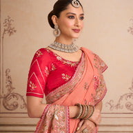 Peach floral embroidered chiffon saree wedding wear
