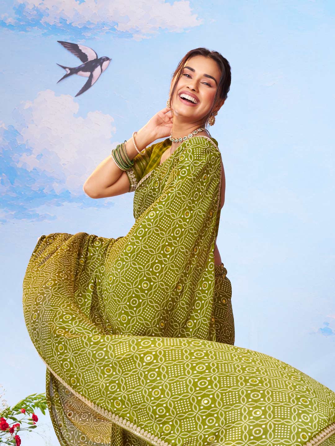 Green embroidered silk blend saree daily wear