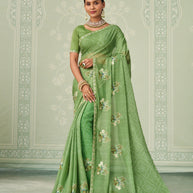 Green floral embroidered chiffon saree festive wear