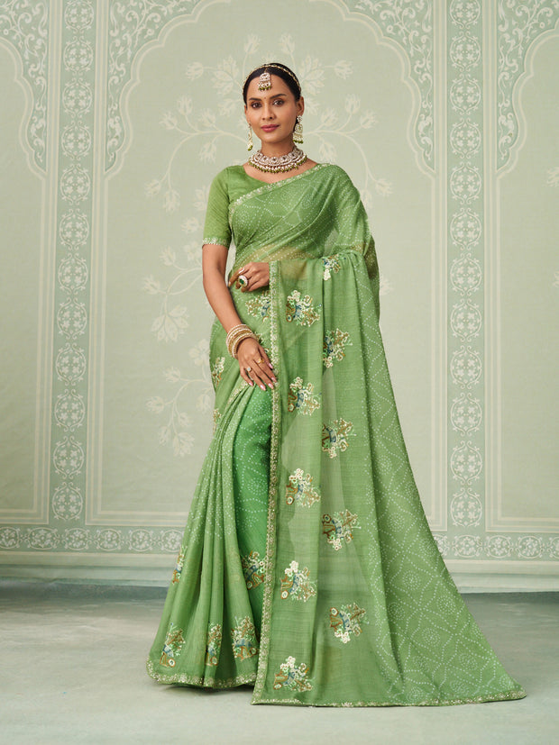 Green floral embroidered chiffon saree festive wear