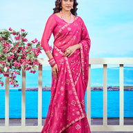 Pink floral embroidered chiffon saree festive wear | Pink gold floral embroidered chiffon saree party wear | Pink floral motif chiffon saree elegant wear | Pink sequin embroidered chiffon saree occasion wear | Pink embroidered border chiffon saree work wear